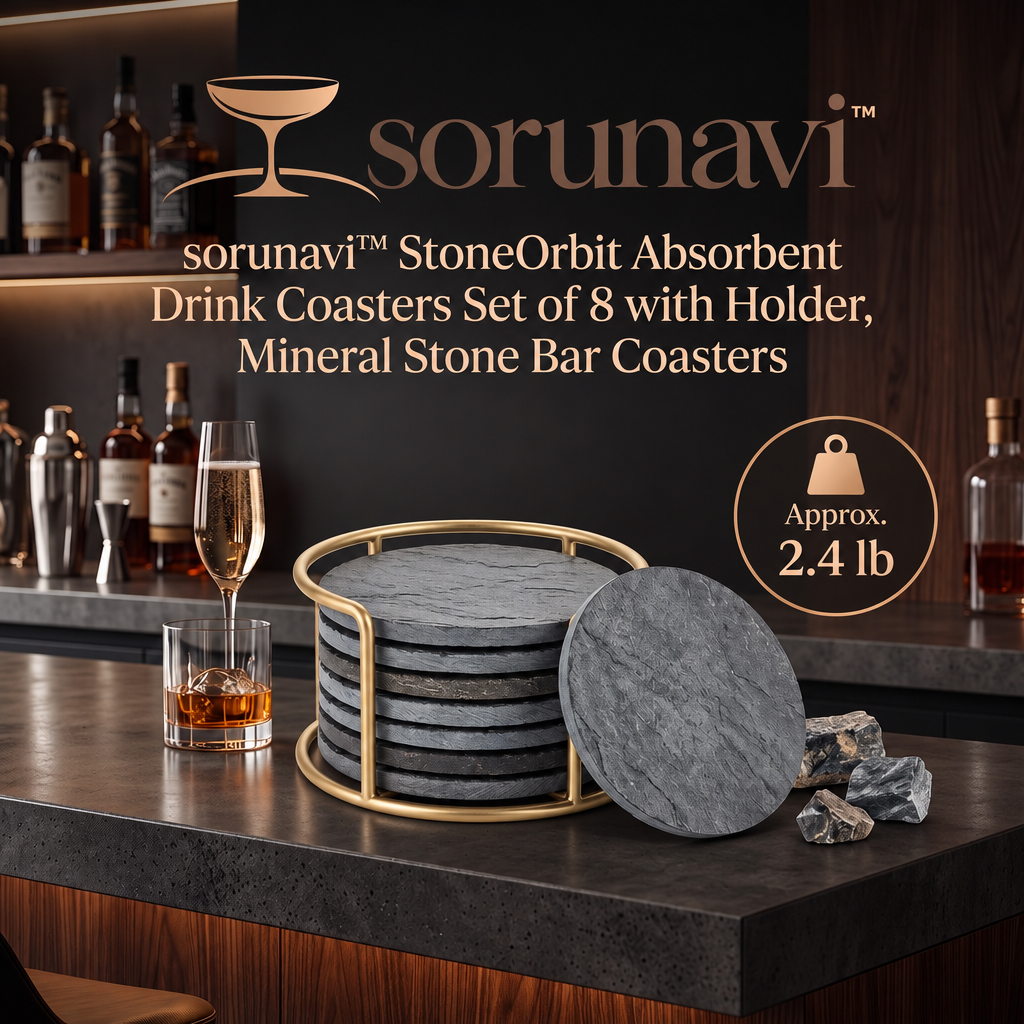 sorunavi™ StoneOrbit Absorbent Drink Coasters Set of 8 with Holder, Mineral Stone Bar Coasters