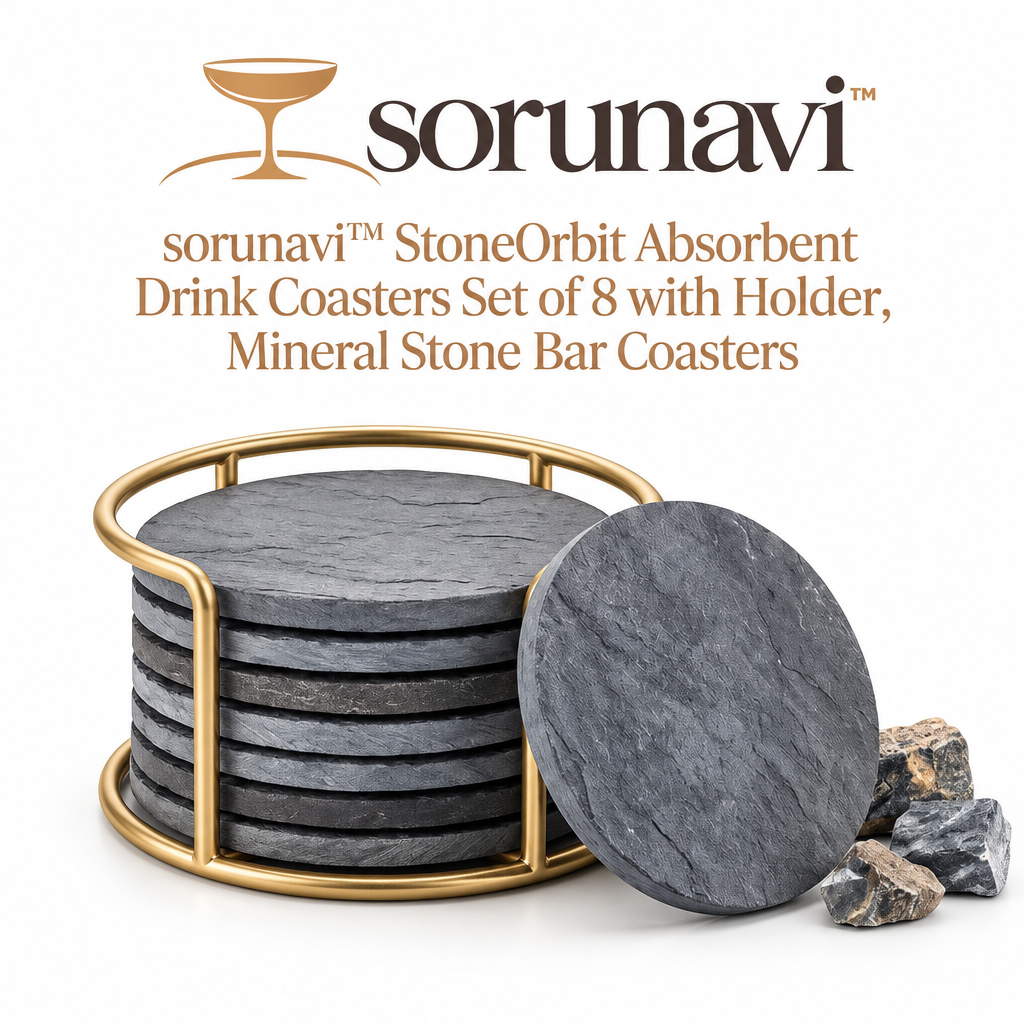 sorunavi™ StoneOrbit Absorbent Drink Coasters Set of 8 with Holder, Mineral Stone Bar Coasters