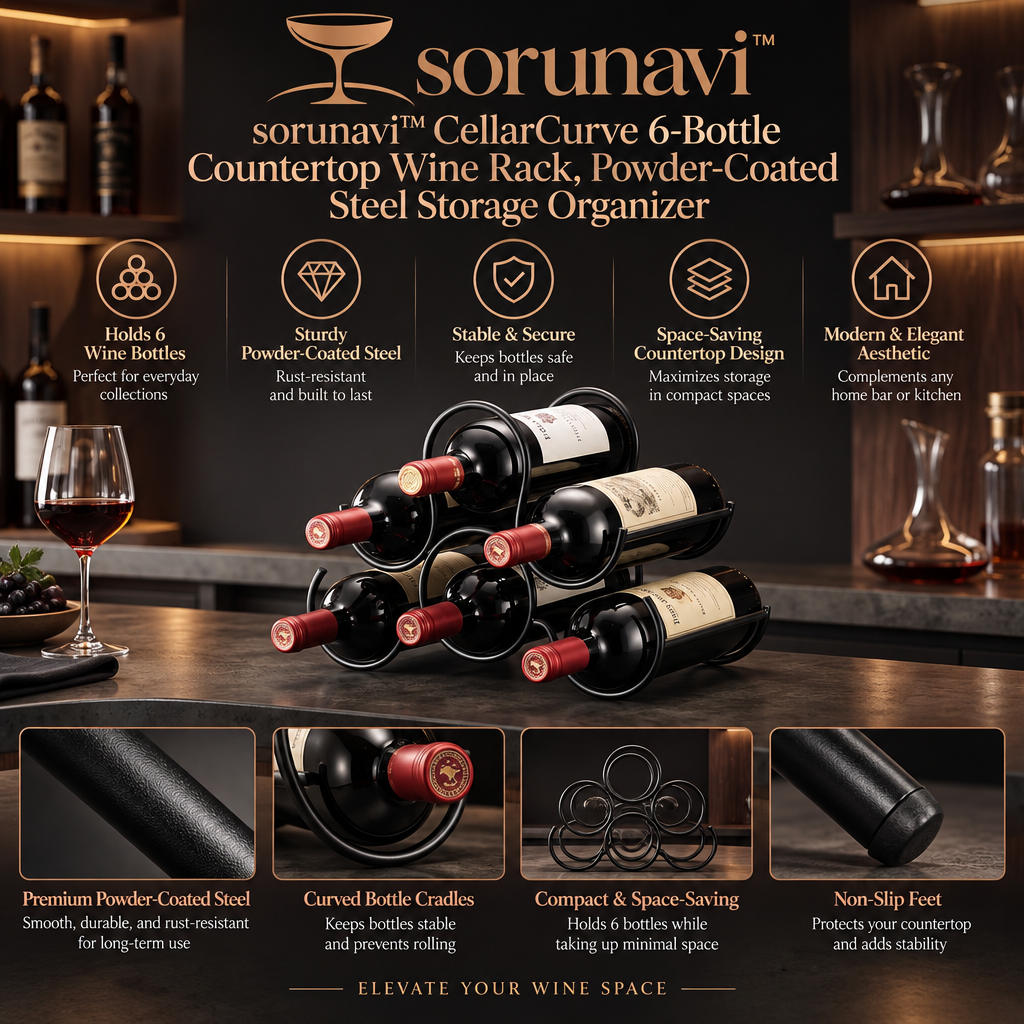 sorunavi™ CellarCurve 6-Bottle Countertop Wine Rack, Powder-Coated Steel Storage Organizer