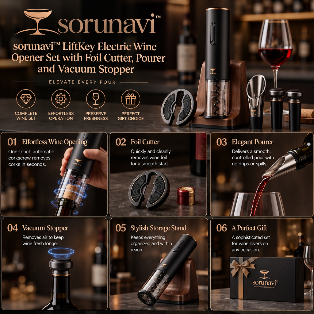 sorunavi™ LiftKey Electric Wine Opener Set with Foil Cutter, Pourer and Vacuum Stopper